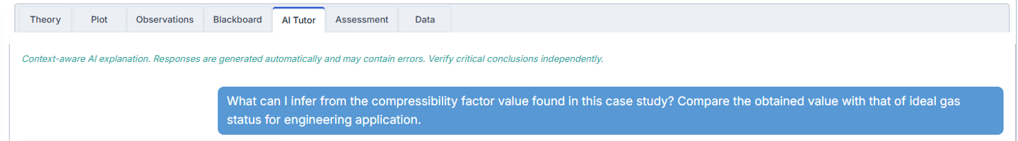 AI Tutor tab: a disclaimer that responses are context-aware and may contain errors, and the student's question asking what can be inferred from the compressibility factor and how it compares with ideal-gas behaviour.