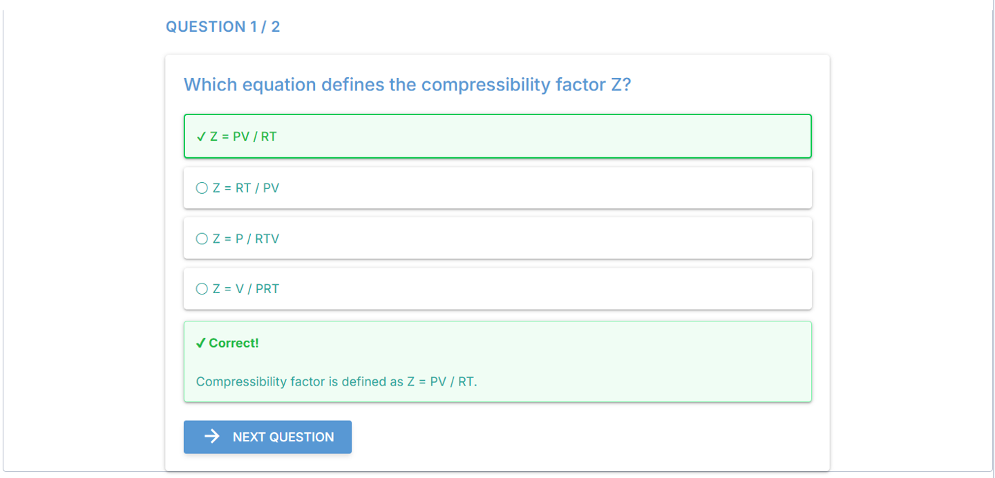 Assessment: a multiple-choice question asking which equation defines the compressibility factor, with Z = PV/RT selected and marked correct, followed by worked feedback and a Next Question button.