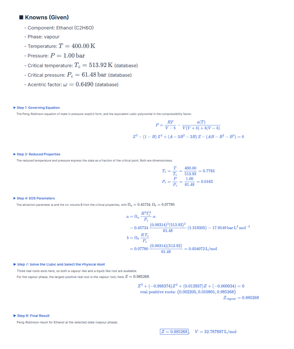 Blackboard worked solution for the compressibility factor of ethanol with Peng–Robinson: knowns from the database, the governing equation of state and cubic in Z, reduced properties, the EOS parameters a and b, the cubic solved with its three real roots and vapour root selected, and the boxed final result Z = 0.985268, V = 32.77 L/mol.