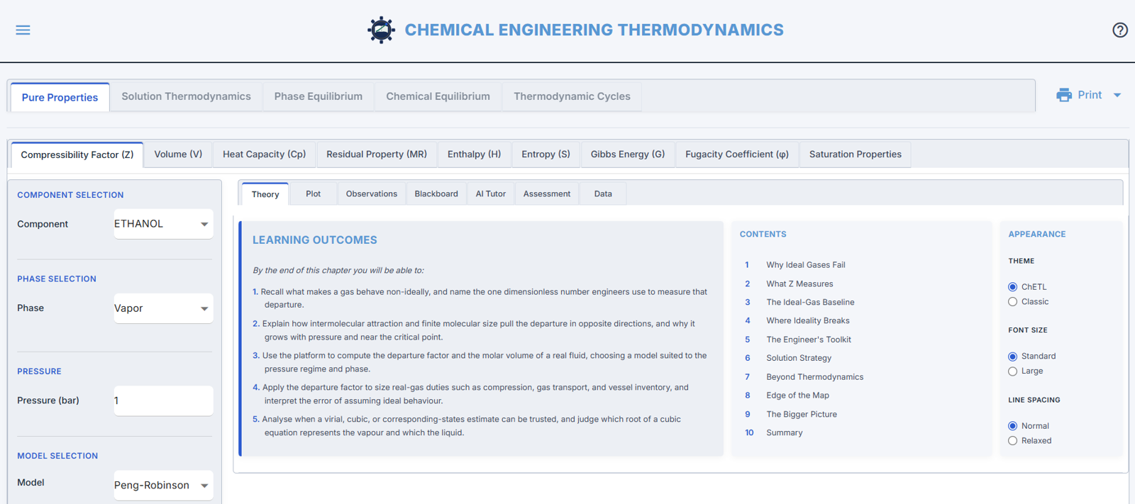 The ChETL workspace: Chemical Engineering Thermodynamics, Pure Properties, with the Compressibility Factor topic open on the Theory tab beside the configuration panel.