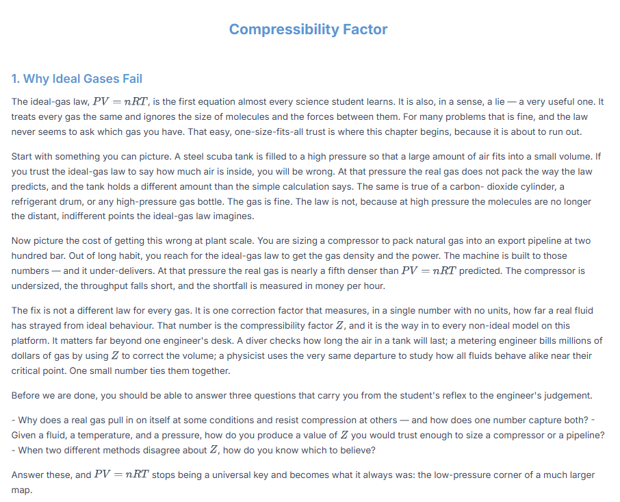 Theory chapter for the compressibility factor, opening with the narrative section &lsquo;Why Ideal Gases Fail&rsquo;.
